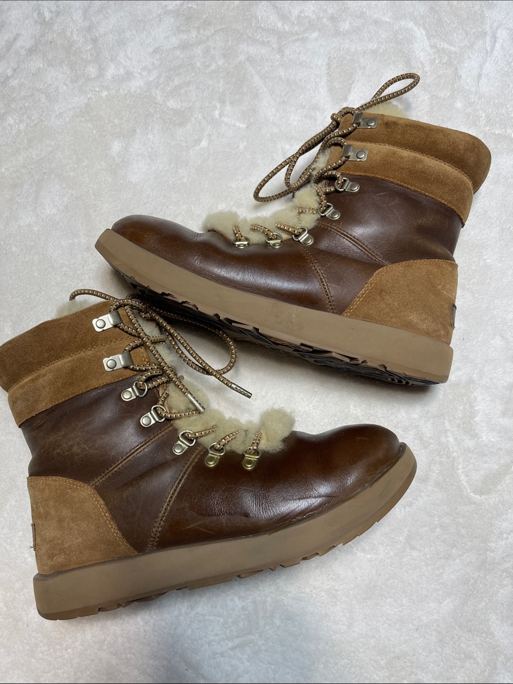 UGG Brown Leather & Suede Shearling Lace-Up Winter Boots Size 10